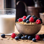 A bowl of vanilla nut granola topped with fresh berries and milk.