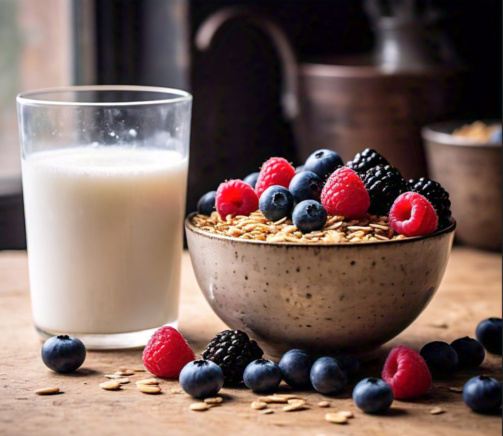 A bowl of vanilla nut granola topped with fresh berries and milk.