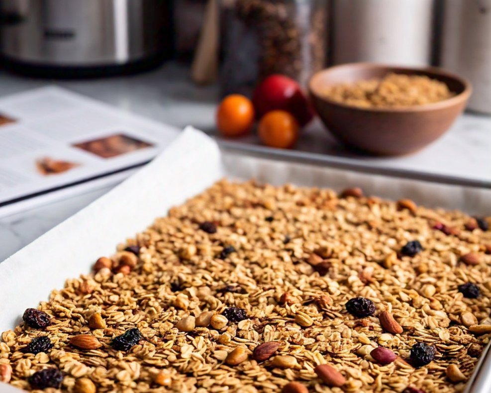 Granola mixture spread evenly on a baking sheet lined with parchment paper.