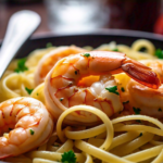 Shrimp garlic butter served over linguine with parsley garnish.