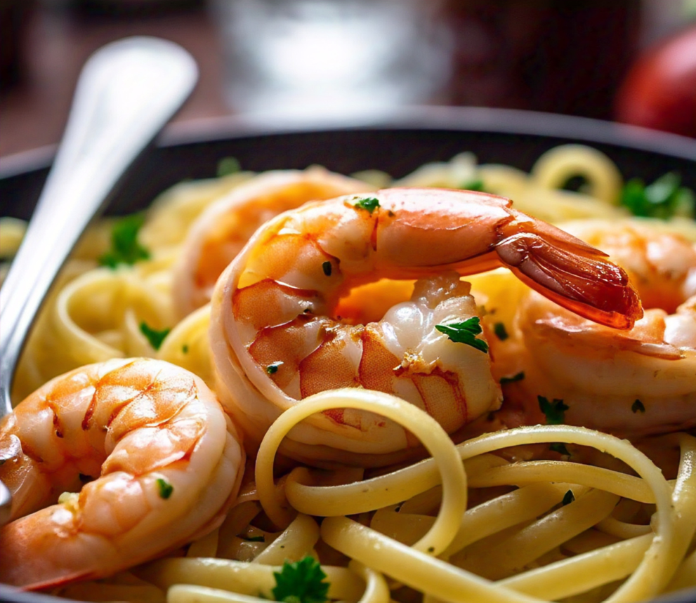 Shrimp garlic butter served over linguine with parsley garnish.