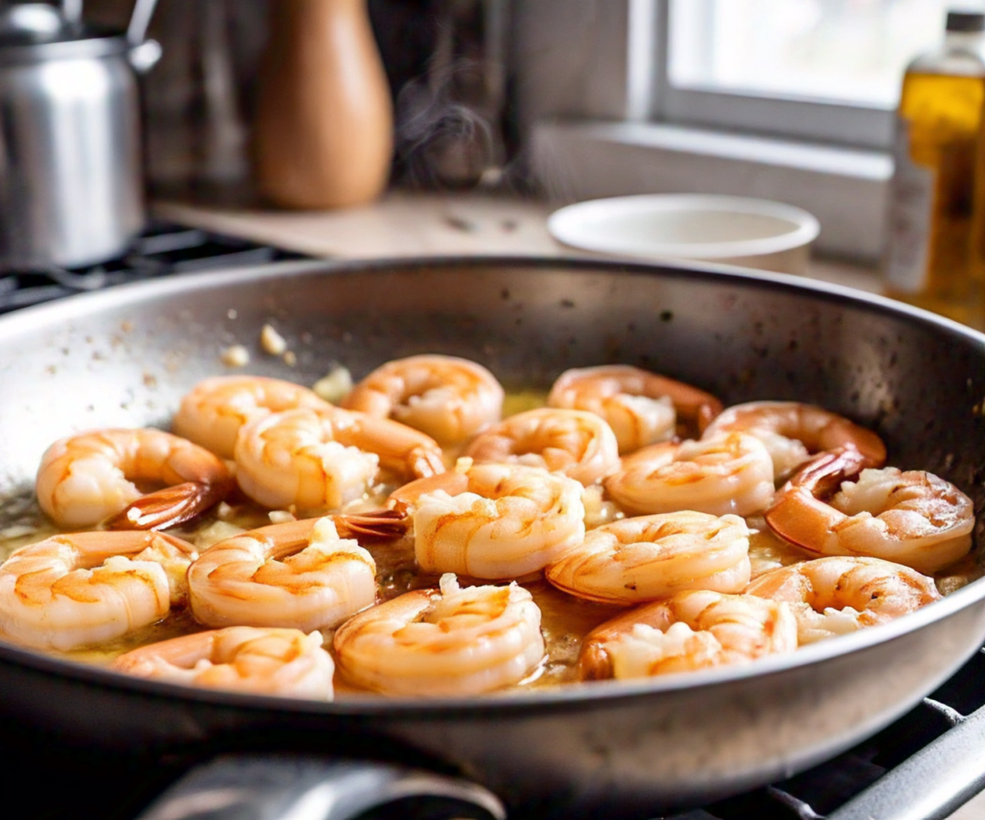 Melted butter in a pan with garlic sizzling gently.