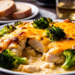 Chicken Divan casserole with golden Parmesan topping and fresh broccoli.