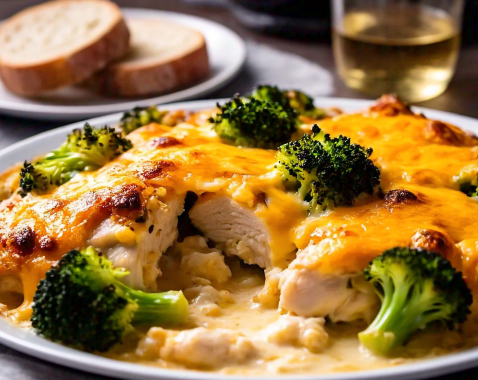 Chicken Divan casserole with golden Parmesan topping and fresh broccoli.