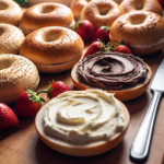 A plate of bagels topped with colorful sweet cream cheese spreads