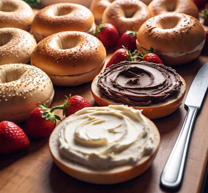 A plate of bagels topped with colorful sweet cream cheese spreads